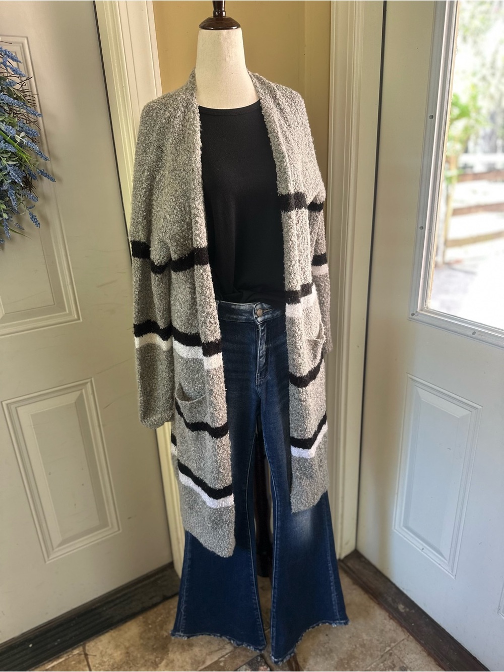 Mud Pie Gray Striped Open-Front Cardigan with Pockets